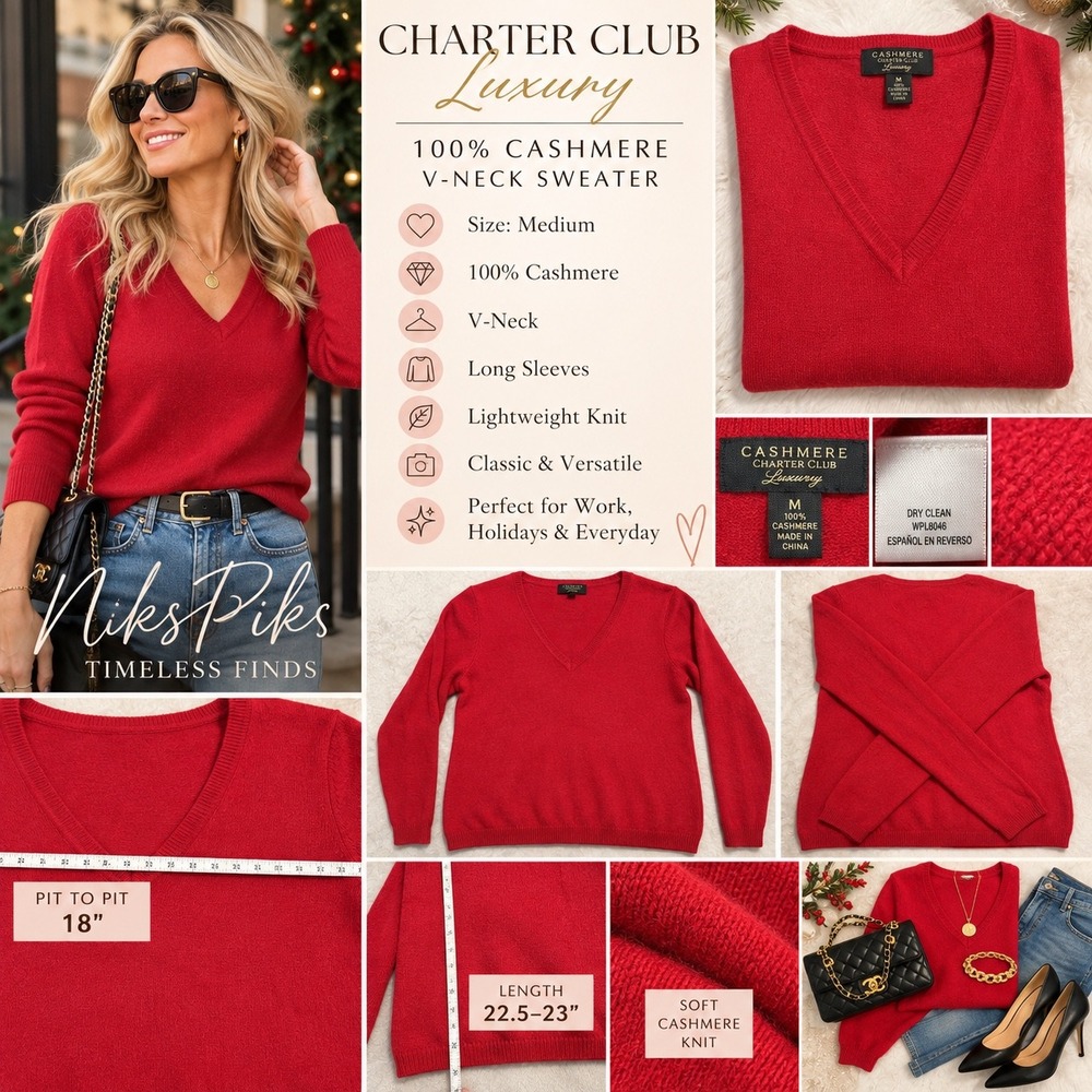 Charter Club Luxury 100% Cashmere Red V-Neck Sweater Women's M Classic